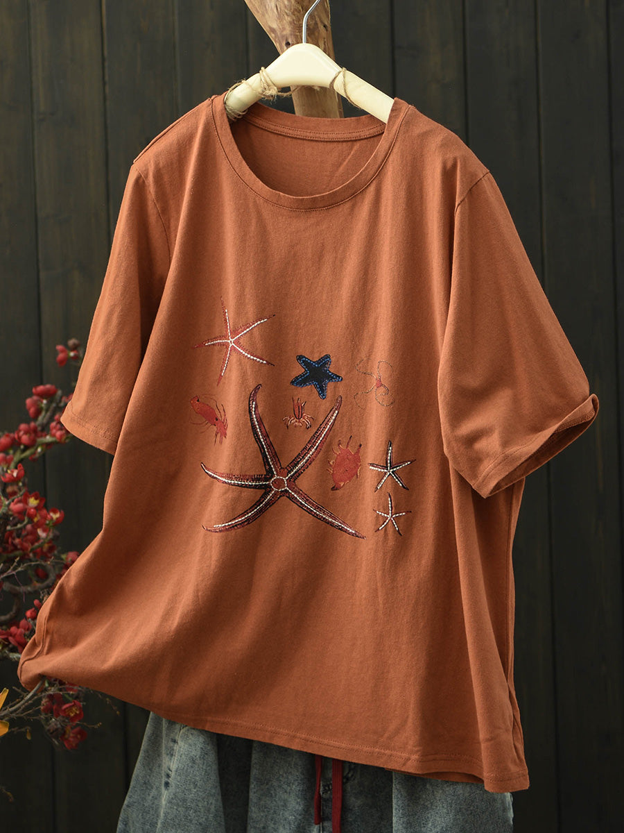 Women Summer Print Vintage Short Sleeve Cotton T-Shirt