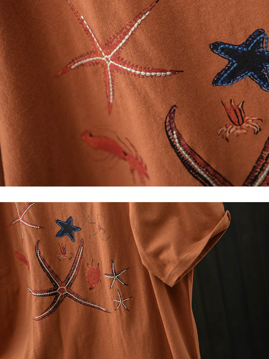 Women Summer Print Vintage Short Sleeve Cotton T-Shirt