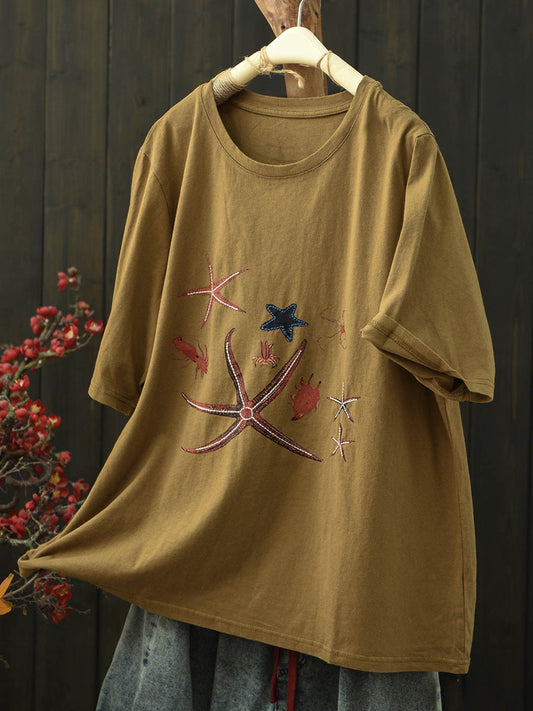 Women Summer Print Vintage Short Sleeve Cotton T-Shirt