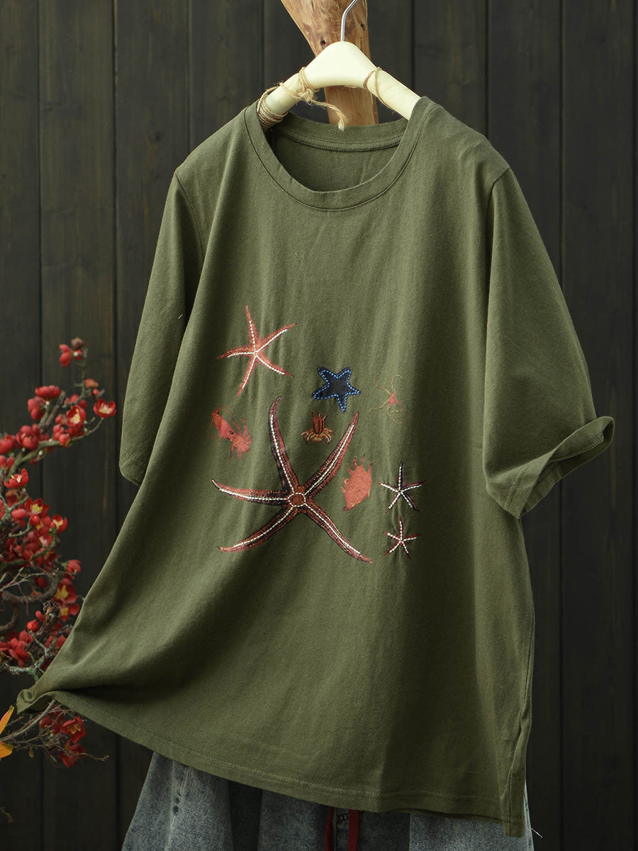 Women Summer Print Vintage Short Sleeve Cotton T-Shirt