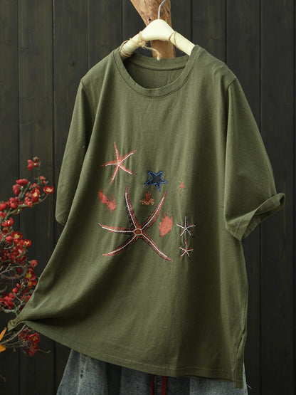 Women Summer Print Vintage Short Sleeve Cotton T-Shirt