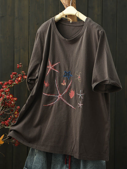 Women Summer Print Vintage Short Sleeve Cotton T-Shirt