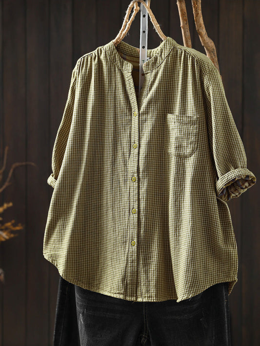 Women Summer Plaid Artsy Cotton Blouse