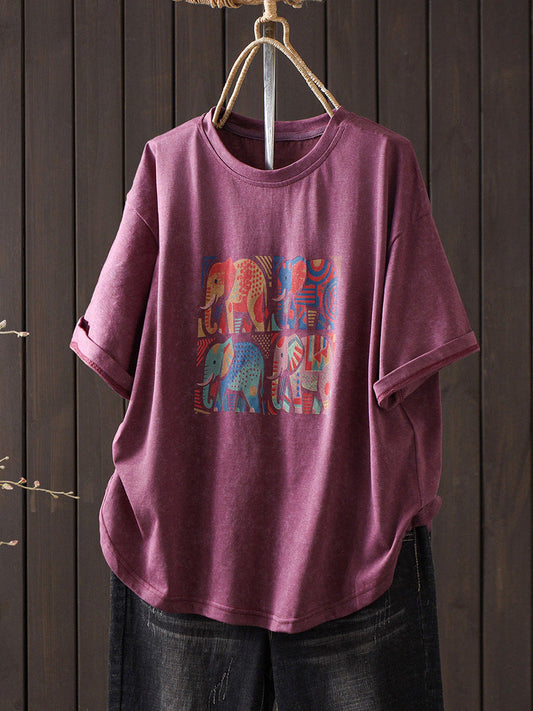 Women Summer Print Artsy Short Sleeve Cotton T-Shirt
