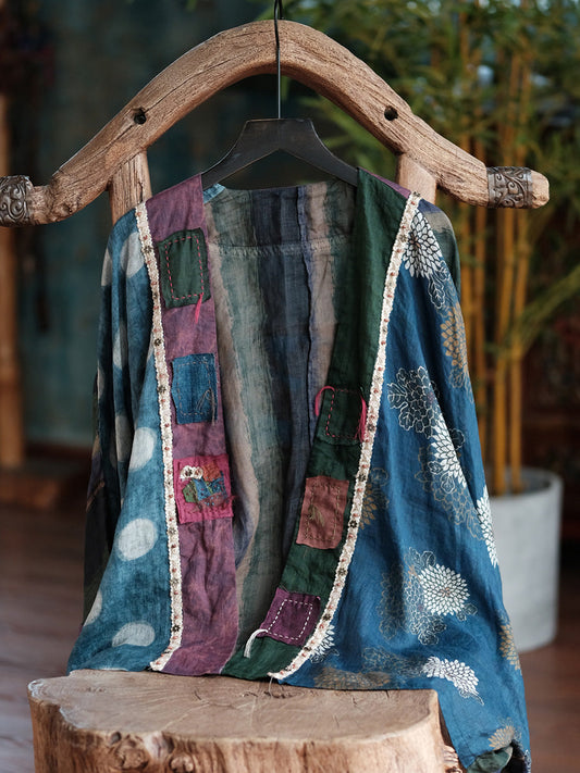 Women Vintage Long Sleeve Ramie Patchwork Cardigan