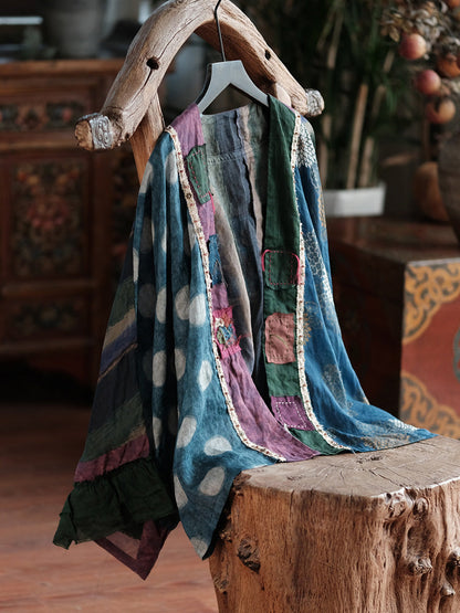 Women Vintage Long Sleeve Ramie Patchwork Cardigan