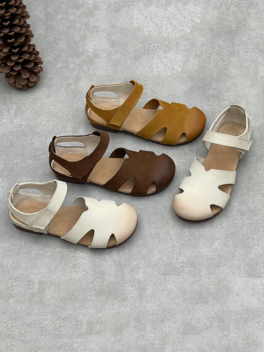 Women Vintage Closed Toe Hollow Out Leather Flat Sandals
