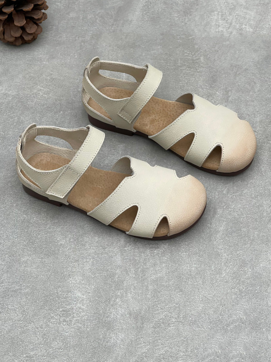 Women Vintage Closed Toe Hollow Out Leather Flat Sandals