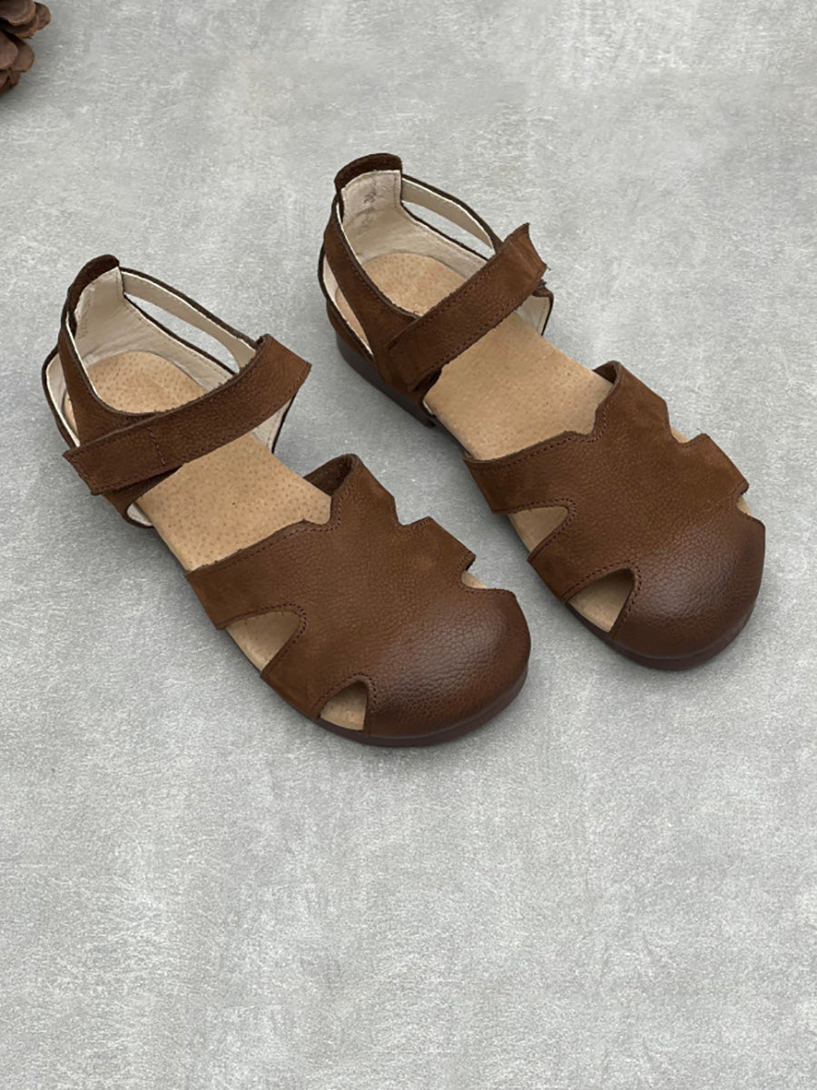 Women Vintage Closed Toe Hollow Out Leather Flat Sandals