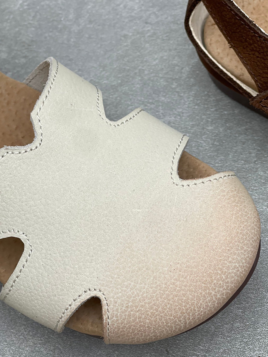Women Vintage Closed Toe Hollow Out Leather Flat Sandals