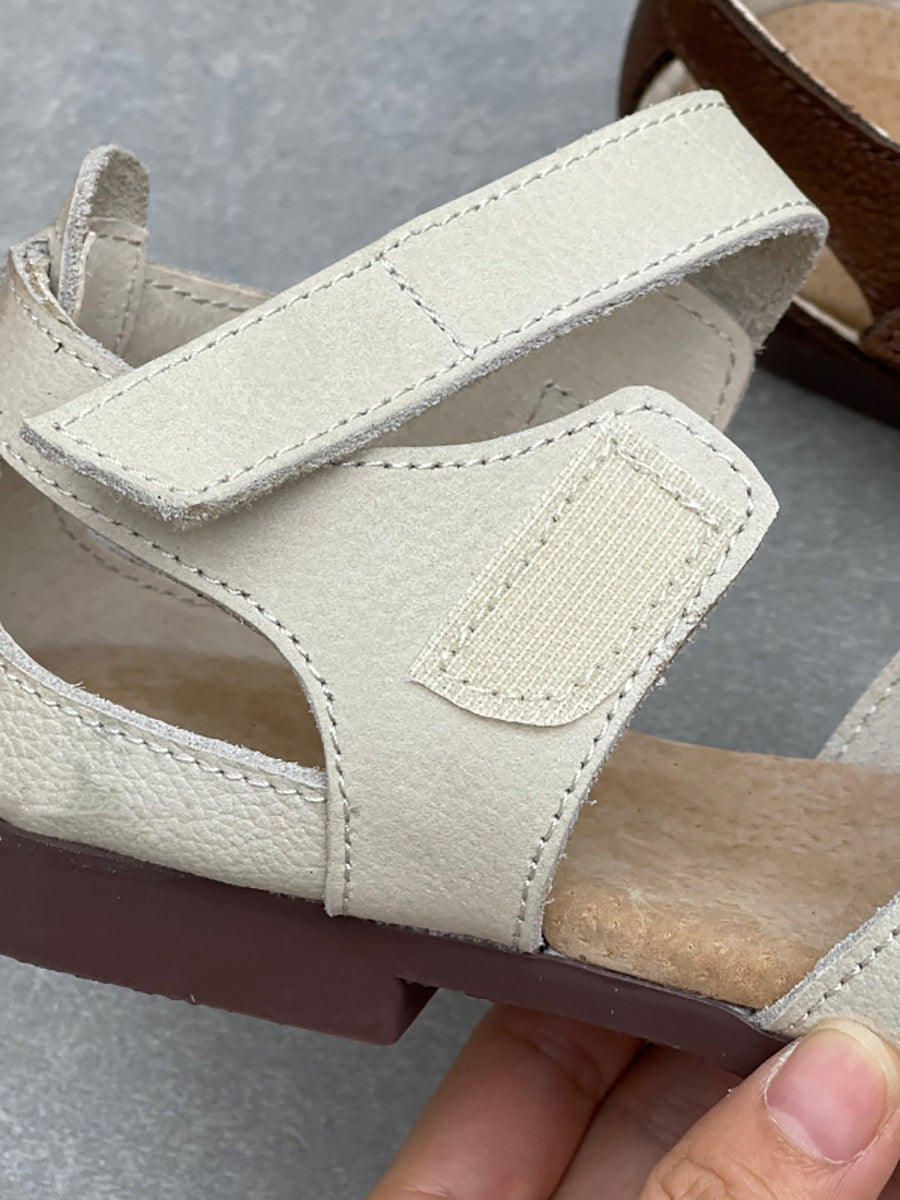 Women Vintage Closed Toe Hollow Out Leather Flat Sandals