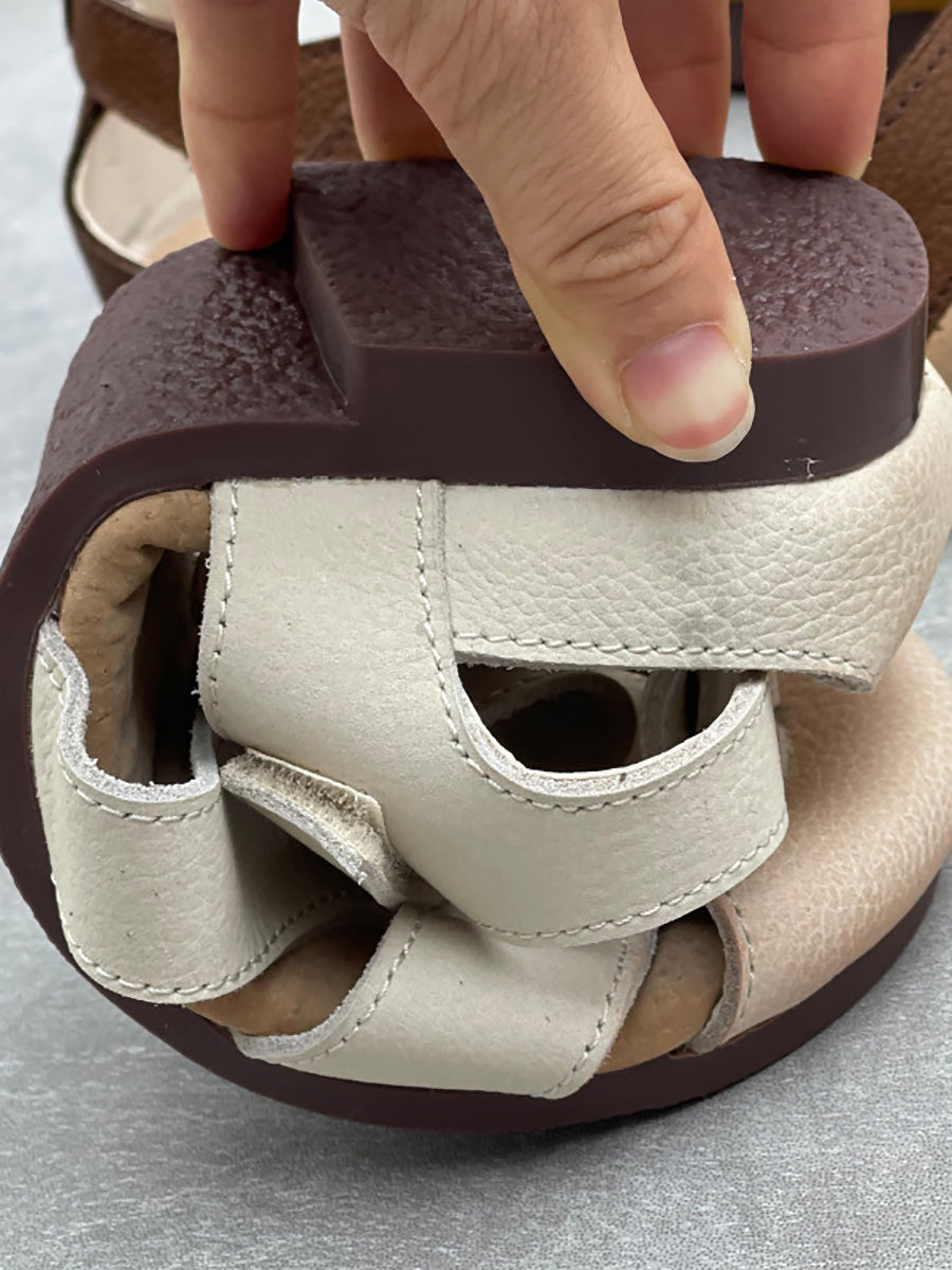 Women Vintage Closed Toe Hollow Out Leather Flat Sandals