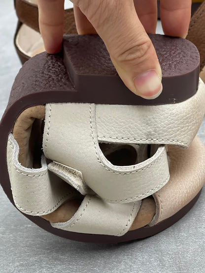 Women Vintage Closed Toe Hollow Out Leather Flat Sandals