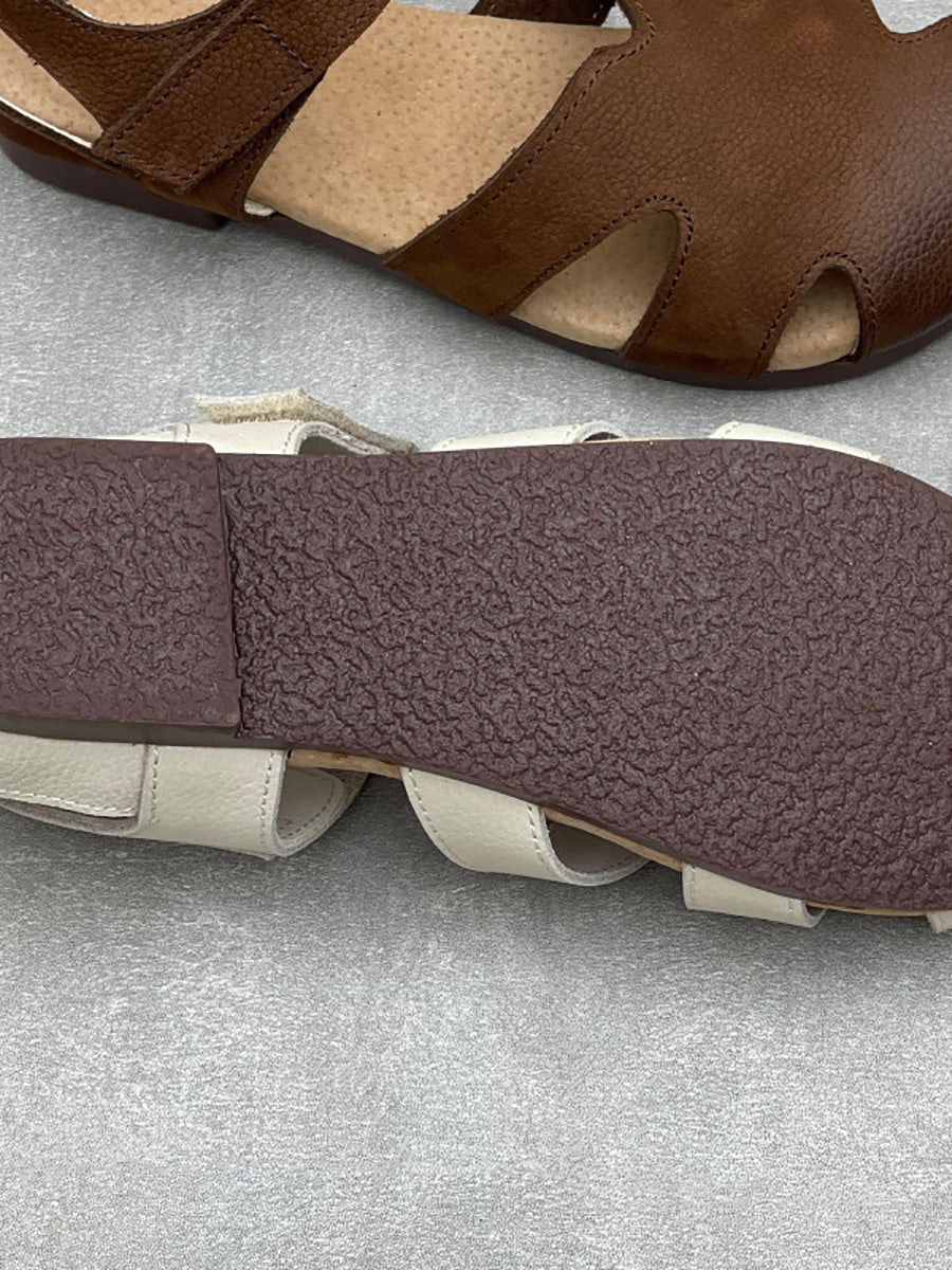 Women Vintage Closed Toe Hollow Out Leather Flat Sandals
