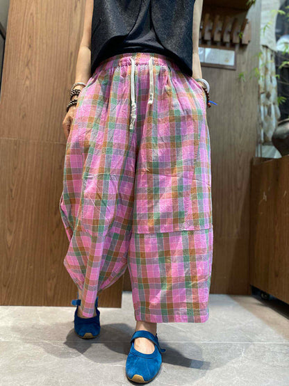 Plus Size Women Retro Ethnic Plaid Loose Cropped Wide-Leg Pants