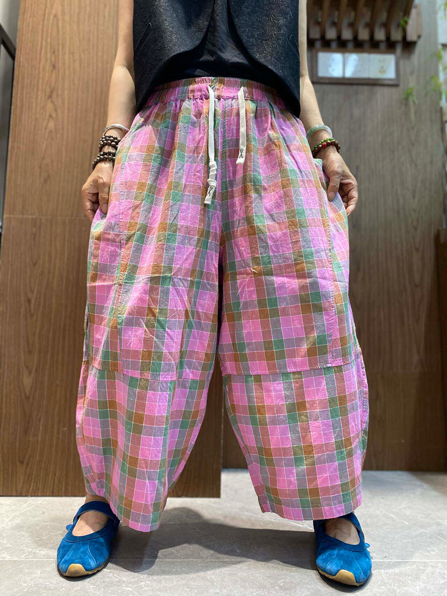Plus Size Women Retro Ethnic Plaid Loose Cropped Wide-Leg Pants