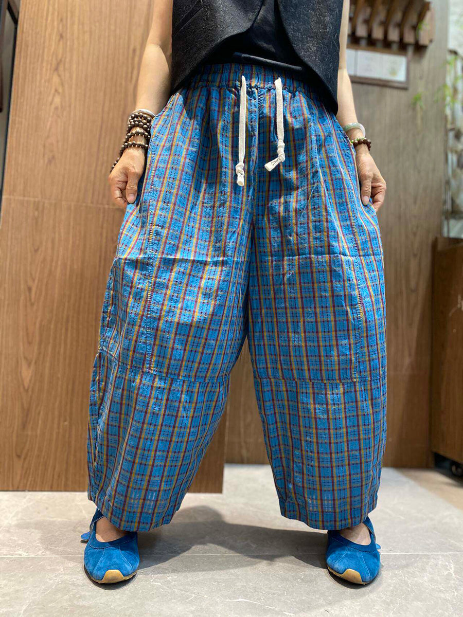 Plus Size Women Retro Ethnic Plaid Loose Cropped Wide-Leg Pants