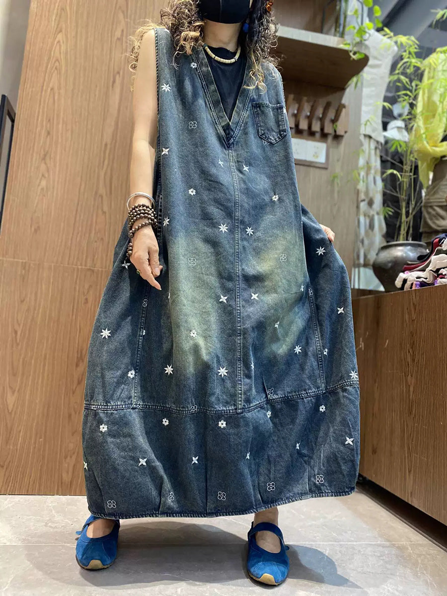 Women Summer Embroidered V-Neck Denim Vest Dress