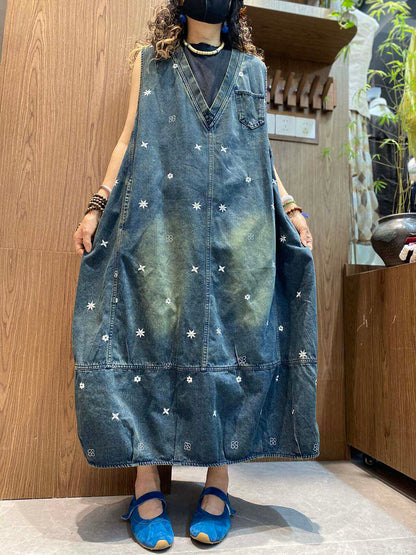 Women Summer Embroidered V-Neck Denim Vest Dress