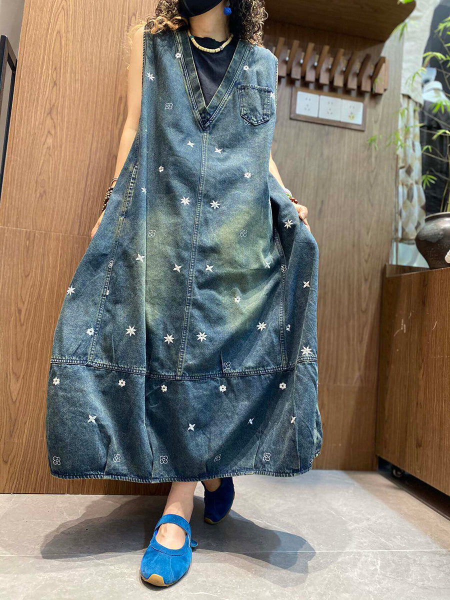 Women Summer Embroidered V-Neck Denim Vest Dress