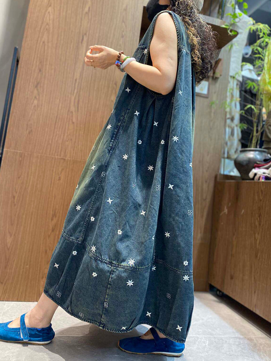 Women Summer Embroidered V-Neck Denim Vest Dress