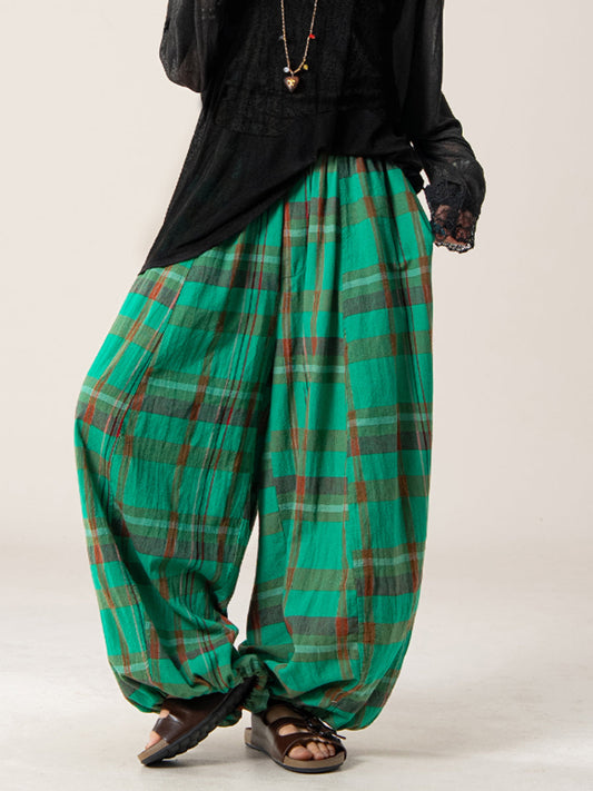 Plus Size Women Summer Loose Plaid Wide-Leg Pants