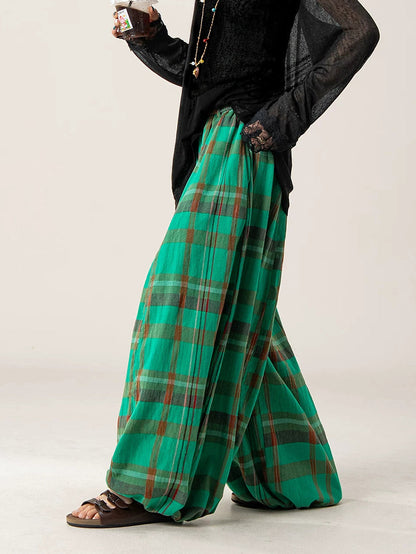 Plus Size Women Summer Loose Plaid Wide-Leg Pants