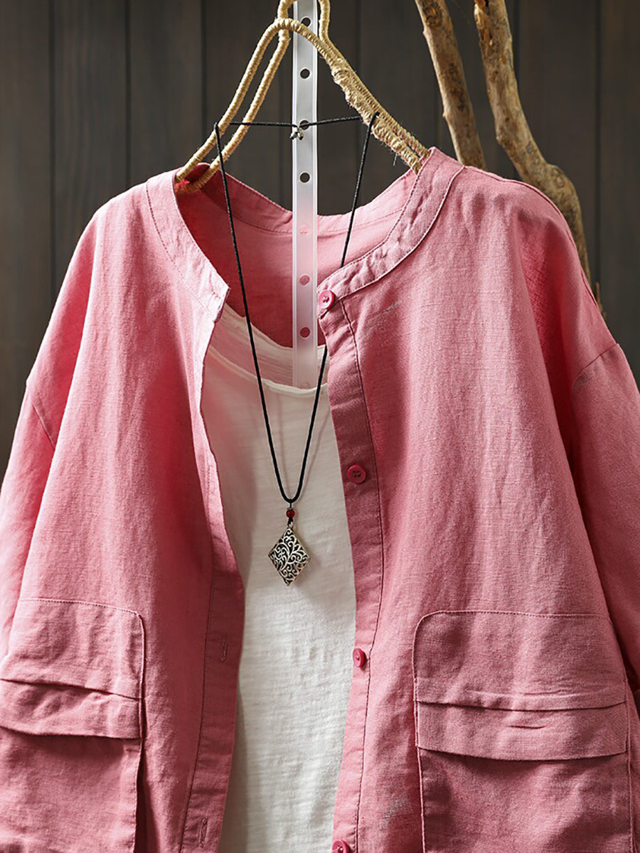 Summer Retro Casual Double Pocket 100%Linen Shirt Jacket