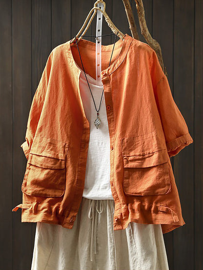 Summer Retro Casual Double Pocket 100%Linen Shirt Jacket