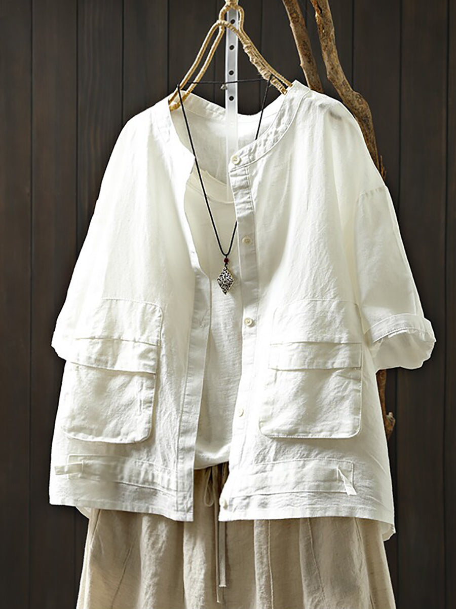 Summer Retro Casual Double Pocket 100%Linen Shirt Jacket