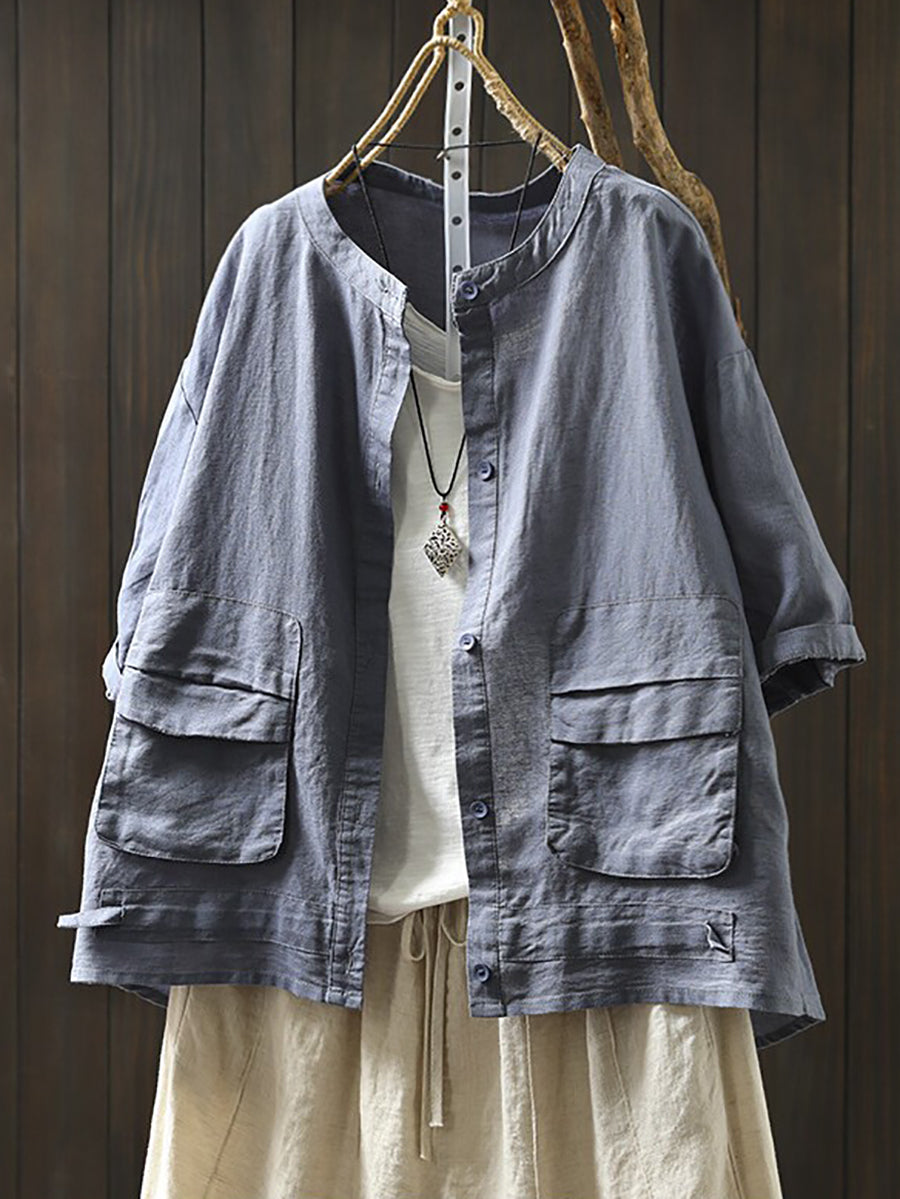 Summer Retro Casual Double Pocket 100%Linen Shirt Jacket