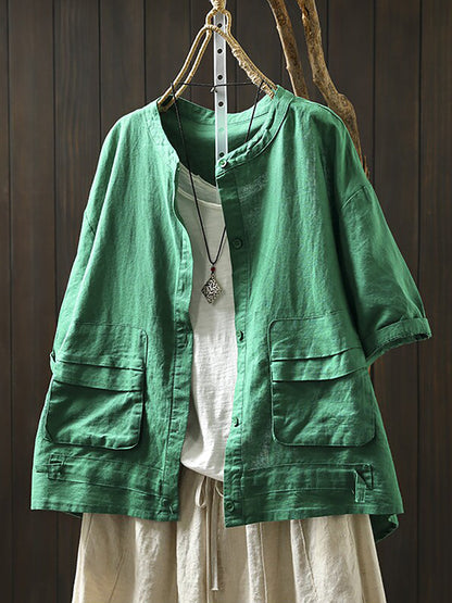 Summer Retro Casual Double Pocket 100%Linen Shirt Jacket