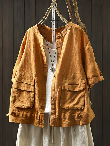 Summer Retro Casual Double Pocket 100%Linen Shirt Jacket
