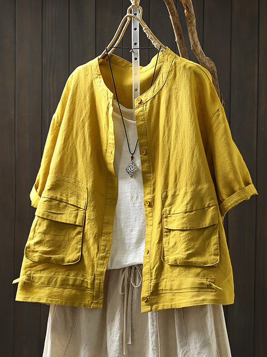 Summer Retro Casual Double Pocket 100%Linen Shirt Jacket