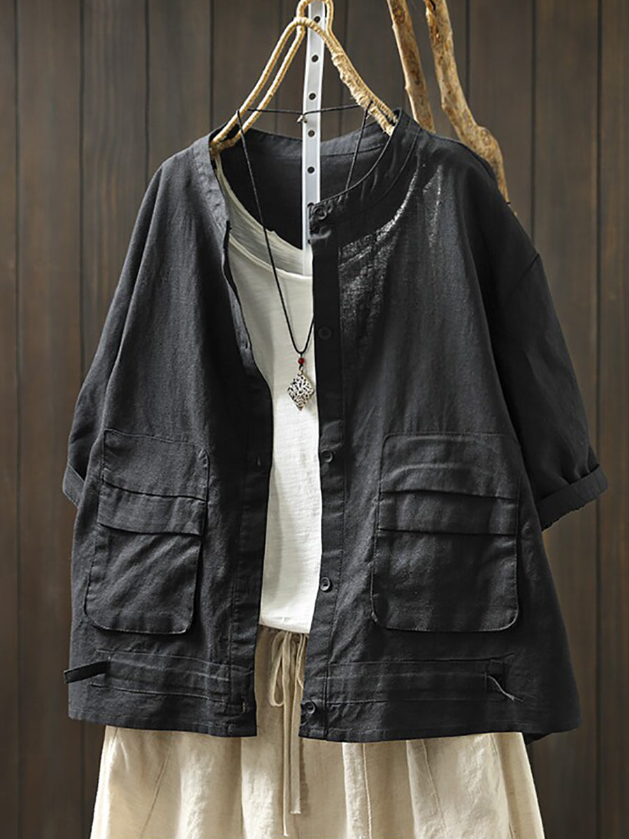 Summer Retro Casual Double Pocket 100%Linen Shirt Jacket