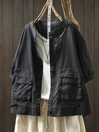 Summer Retro Casual Double Pocket 100%Linen Shirt Jacket