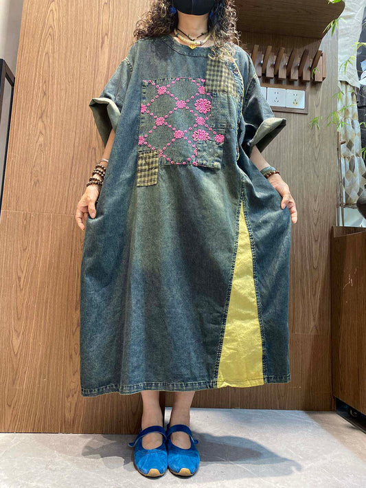 Women Summer Embroidery Vintage Short Sleeve Denim Midi Dress