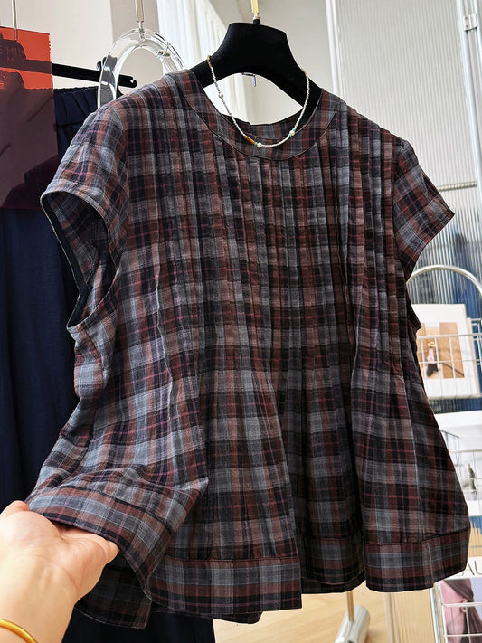 Plus Size Women Summer Vintage Short Sleeve Cotton Plaid Blouse