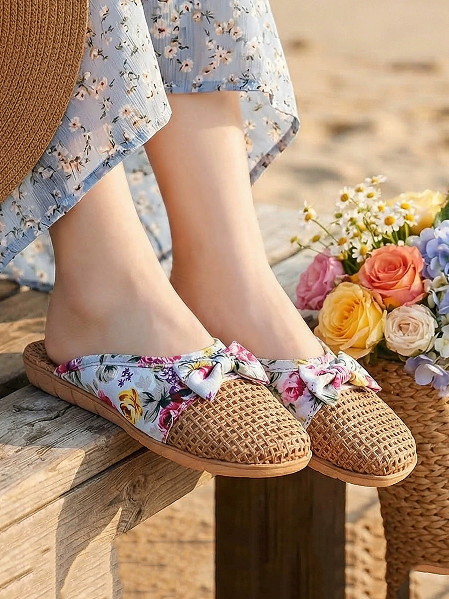 Women Ethnic Woven Straw Platform Slip-On Slippers