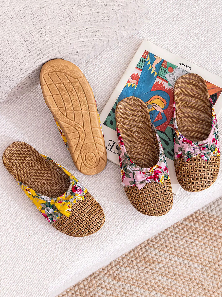 Women Ethnic Woven Straw Platform Slip-On Slippers