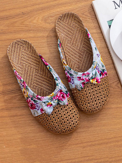 Women Ethnic Woven Straw Platform Slip-On Slippers