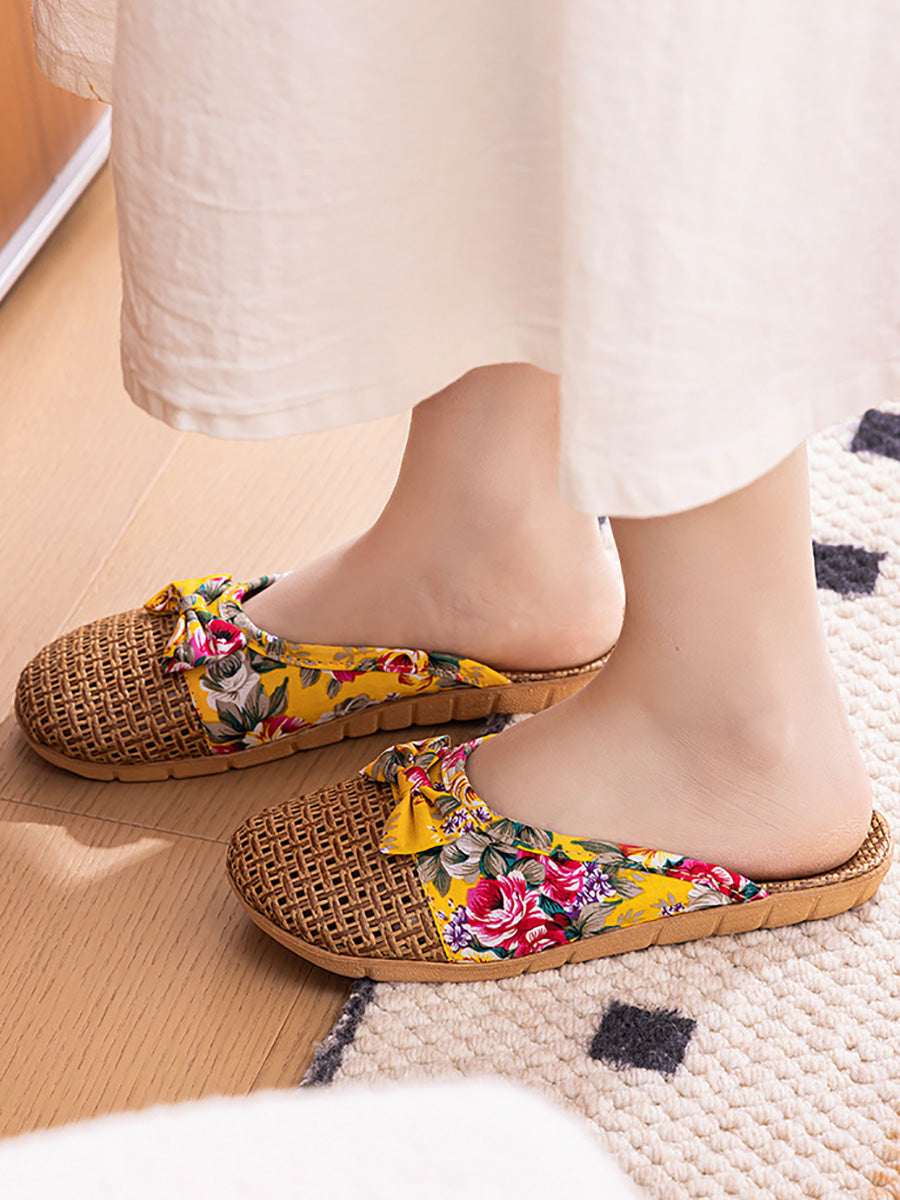 Women Ethnic Woven Straw Platform Slip-On Slippers