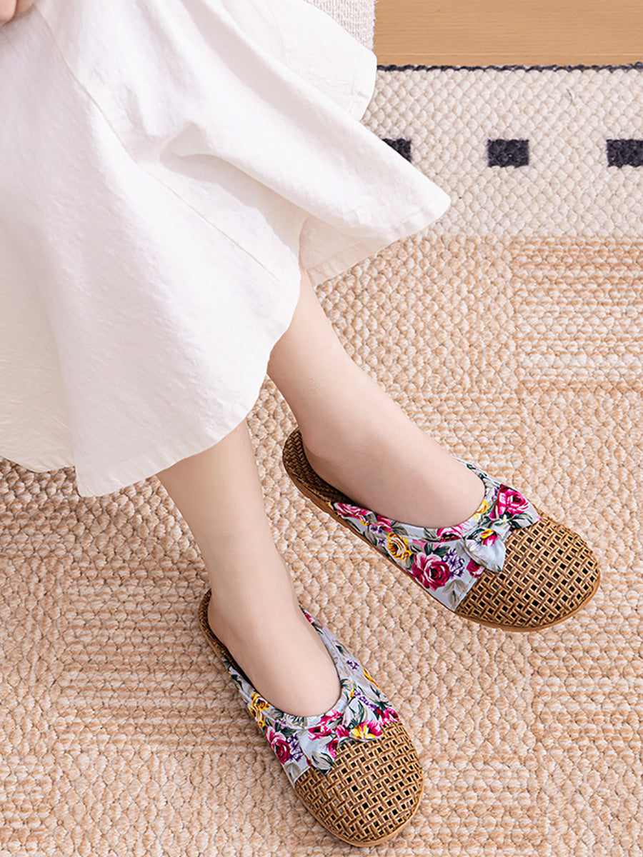 Women Ethnic Woven Straw Platform Slip-On Slippers