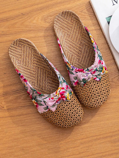 Women Ethnic Woven Straw Platform Slip-On Slippers