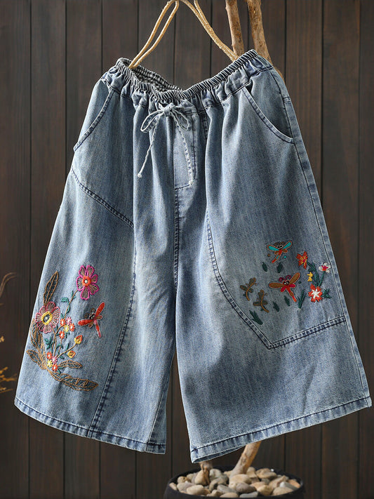 Women Summer Embroidered Loose Denim Shorts