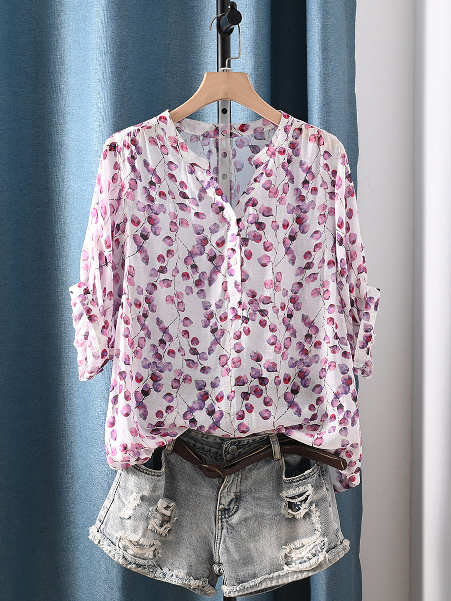 Women Summer Floral V-Neck 100%Cotton Blouse