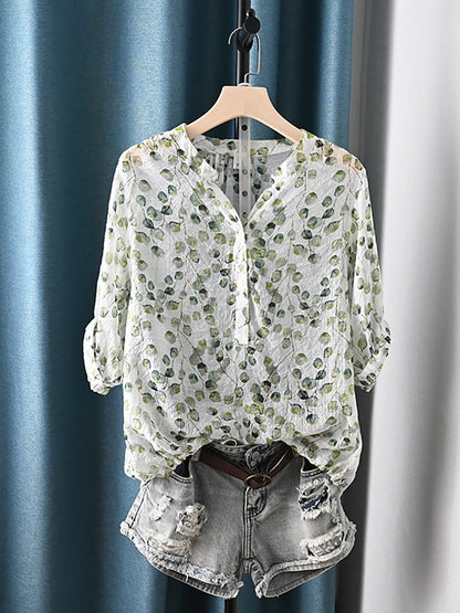 Women Summer Floral V-Neck 100%Cotton Blouse