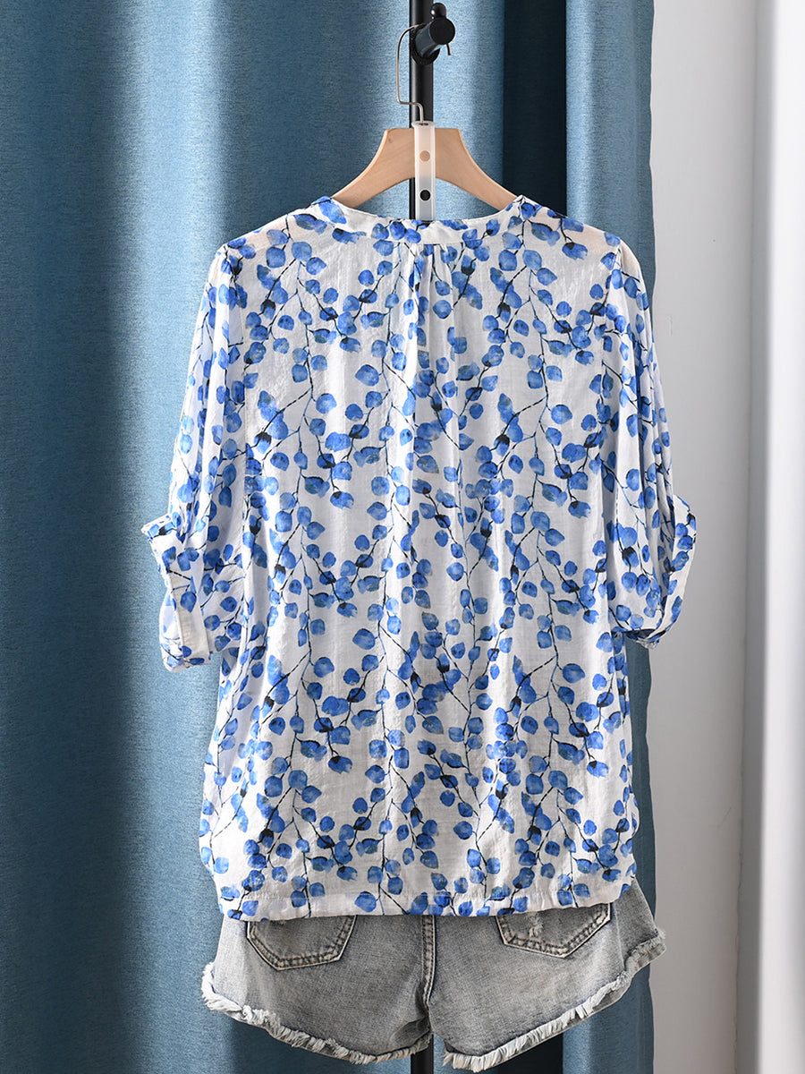 Women Summer Floral V-Neck 100%Cotton Blouse