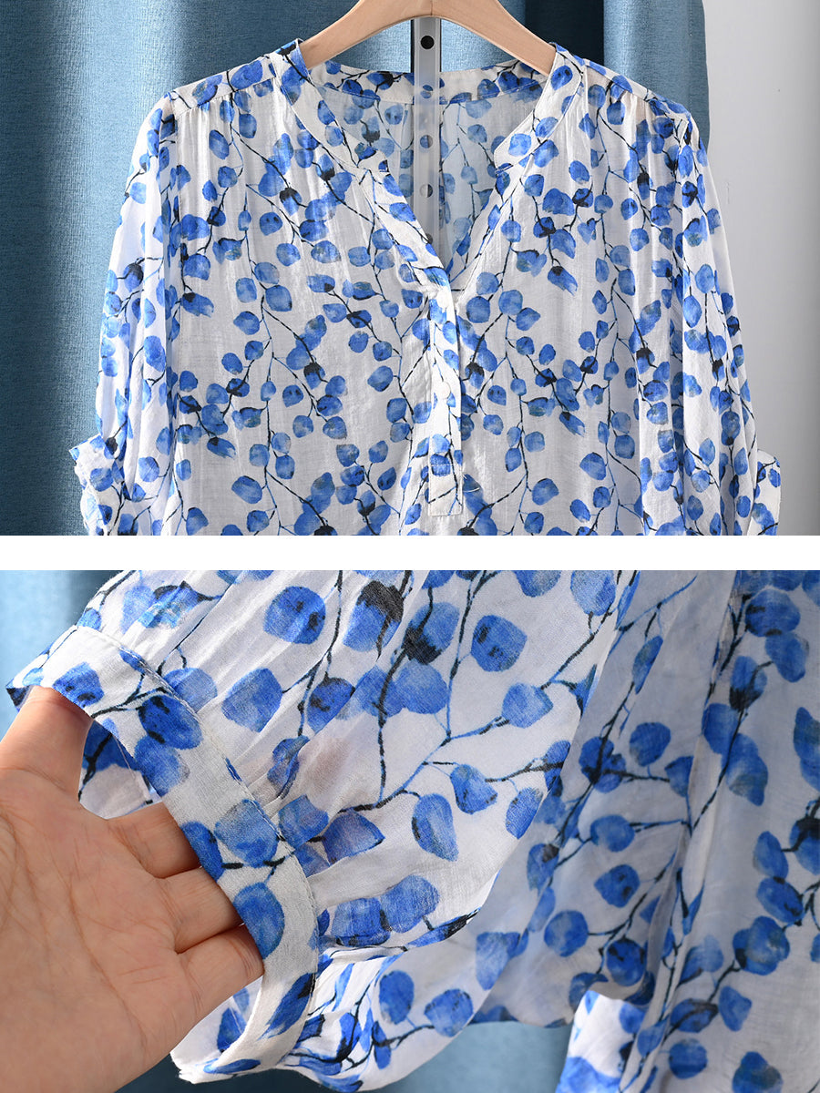 Women Summer Floral V-Neck 100%Cotton Blouse
