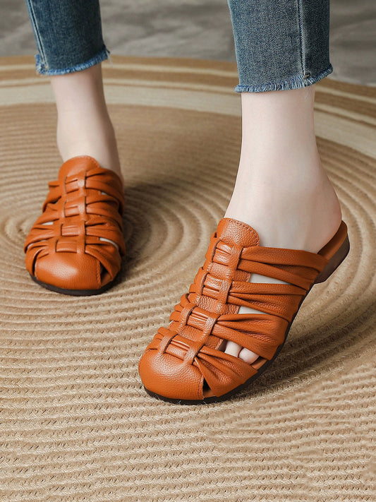 Women Retro Genuine Leather Summer Low-Heel Slip-On Sandals